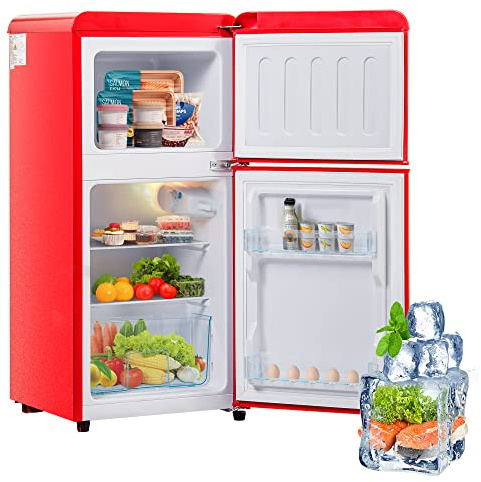 Frigorifero retrò completo, rosso, doppia porta, 60 l, compatto (88,8 cm), classe energetica E con congelatore da 22 l, per cucina/soggiorno, sbrinamento manuale