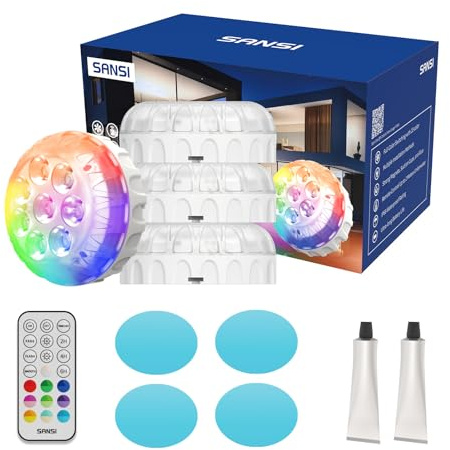 SANSI Luz de Piscina LED Sumergible, 4 Pack | Control Remoto, RGB de Alto Brillo, Impermeable IP68, Soporte Magnético o con Ventosa，Batería no incluida