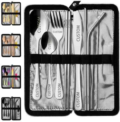 Personalisiertes Graviertes Besteckset | 9-teiliges Edelstahl-Besteck | Messer, Gabel, Löffel, Stäbchen & Strohhalme | Tragbare Reisetasche mit Logo/Text (Silber)
