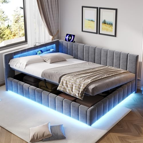 BTM 4ft6 Double Storage Bed with Smart RGB LED Lights and Charging Station Side Opening Ottoman Bed Frame Velvet Grey (No Mattress)
