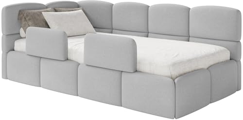 Selsey Jugendbett 120x200cm Hellgrau Chenille Stoff mit Stauraum und Lattenrost, Polsterbett mit Bettkasten, Kinderbett mit 2 Schutzbarrieren, Jugendbett linksseitig mit gepolstertem Eckkopfteil