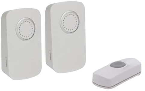 Perel Set campanello senza fili, con 2 ricevitori / 1 pulsante a batteria, impermeabile IP44, 32 melodie, portata 150 m, bianco