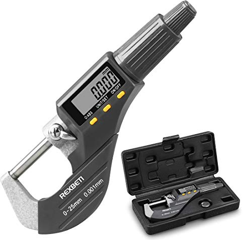 REXBETI Digital Micrometer, Professional Inch/Metric Measuring Tools 0.00005/0.001 mm Resolution Thickness Gauge, Protective Case with Extra Battery