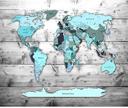 decomonkey Fototapete selbstklebend Weltkarte Landkarte 343x256 cm XXL Selbstklebende Tapeten Wand Fototapeten Tapete Wandtapete klebend Klebefolie Holz Holzwand