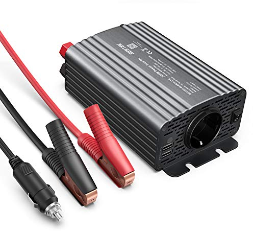 Wechselrichter 500W/BESTEK Spannungswandler DC 12V auf AC 230V/KFZ Inverter mit 2 USB, inklusive Kfz Zigarettenanzünder Stecker Autobatterieclips Grau, 2 Austauschbare Sicherungen