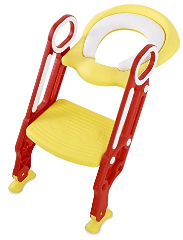 Töpfchentrainer, Toilettenaufsatz Kinder Toilettentrainer Töpfchenstuhl Universal Passend mit verstellbar Treppe Leiter weicher Sitz-Design Klappbar Rutschfest ab 1 Jahre (Rot+Gelb)