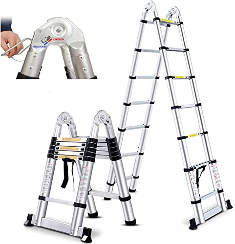 3,8M Teleskopleiter mit Stabilisator, 3.8M Ausziehbare Leiter Hochwertigem Klappleiter und Faltbaren Teleskopierbaren Aluminiumleiter 150KG (3,8M, 1,9M+1,9M)