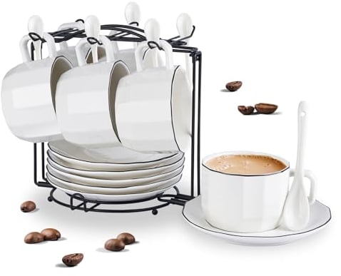 YOLIFE Tea Cups and Saucers Set of 6, 220ML Porcelain Coffee Cups and Sacuers with Holder and Spoons for Office Home Coffee Bar