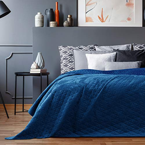 AmeliaHome Tagesdecke 200x220 cm blau Steppung Velvet Samt Laila