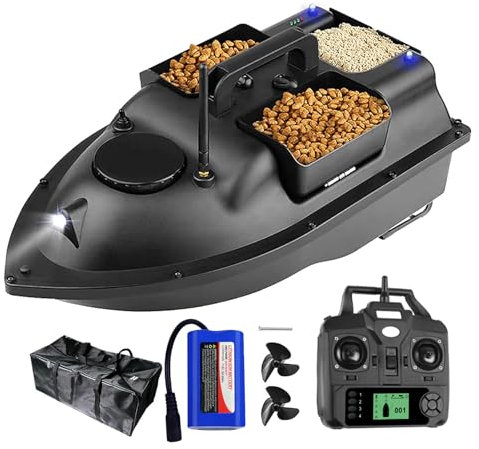 FUMENG GPS Smart RC Bait Boat,Auto Cruise Double Motor Three Hoppers Large Capacity LED Night Light Boat,12000mAh