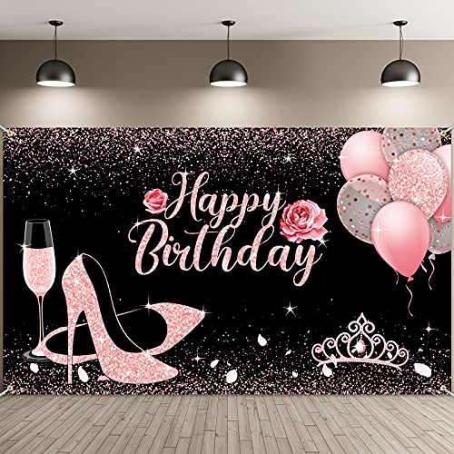 Happy Birthday Backdrop - Glitter Rose Pink Background Banner With Balloons, Heels, Wine Glass - Photography Backdrop for Women Girls Party Decorations and Supplies, 6 x 3.6 Feet