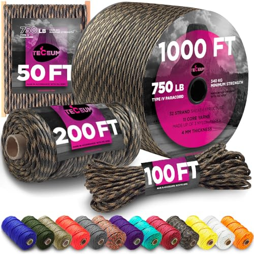 TECEUM Paracord Seil Typ IV 750 – Taktisch, Extrem Robust – Outdoor Schnur | Uabite, 15 m, DIY, Armband, Wäscheleine, Camping, Fallschirmschnur 4 mm, 11-Strang-Kern, Robustes Survival-Seil