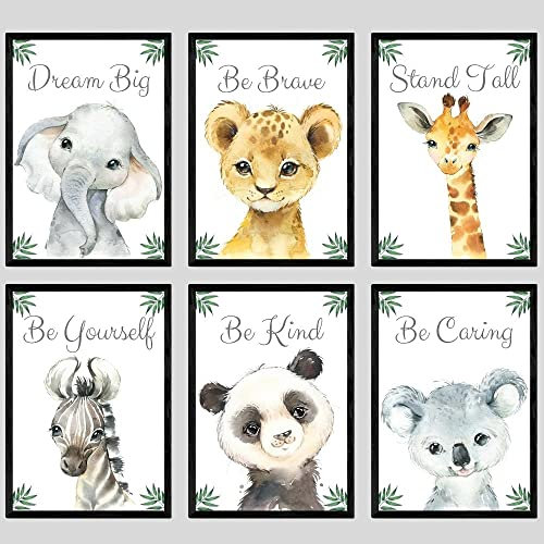 Eviepops Prints Set aus 6 Safaritieren für Kinderzimmer von Jungen und Mädchen, Ungerahmter Druck, Schlafzimmerdekor, Dschungeldekoration, elefant giraffe löwe zebra panda koala, Dream Big (A4)
