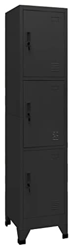 Makastle Schließfachschrank Metall Spind Schrank Metallschrank mit 3 abschließbare Türen, Kleiderspind Aufbewahrungsschrank für Büro Wohnzimmer, Schwarz 38x45x180 cm Stahl