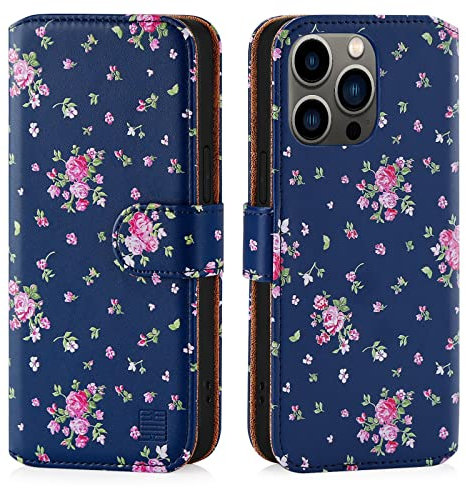32nd Floral Series 3.0 - Funda Tipo Libro de Piel Sintetica con diseño Floral para Apple iPhone 14 Pro MAX (6.7), Carcasa de Cuero diseñada con Cartera y Cierre Magnetico - Rosas Vintage en Añil