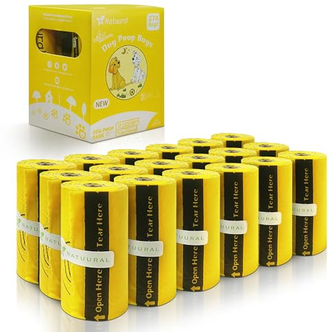 Sacs à crottes de chien 100% compostables, 270 sacs, 18 rouleaux, sacs à crottes biodégradables fabriqués à partir d'amidon de maïs, certifiés ASTM D6400 et EN13432, sans odeur (jaune)