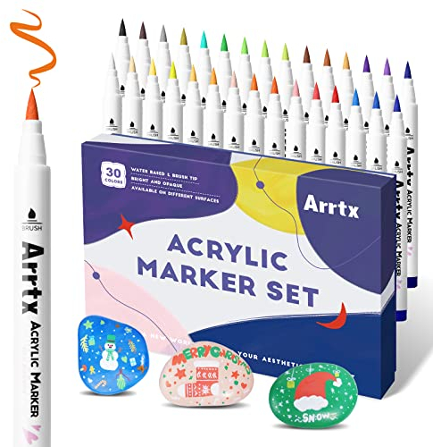 Arrtx Acrylic Paint Brush Pens for Rock Painting, 30 Colors Premium Graffiti Supplies, Acrylic Paint Pens for Stone, Craft DIY, Easter Egg, Wood, Glass and Fabric Painting-No Toxic,No Odor-Type 30B