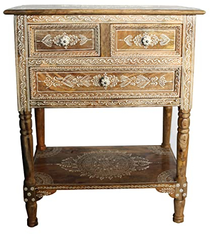 Gall&Zick Kommode aus Mangoholz mit Weißer Mandalabemalung, Sideboard, Sekretär, 3 Schubladen, Ablagefach