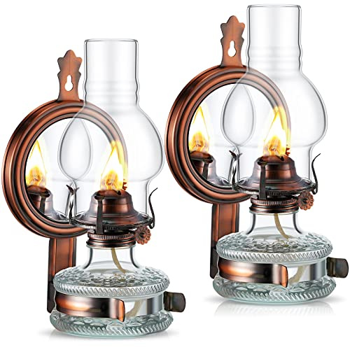 Yexiya 2 Stück große Kerosin-Lampen, Laterne, Kammer, Öl, Wandmontage, Vintage, Glas, klar, Kerosin-Lampe, rustikal, mit Öldocht, für rustikale Inneneinrichtung, Beleuchtung (Bronze)