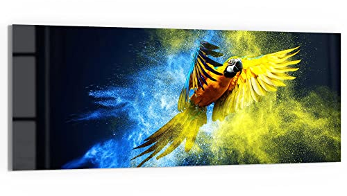 DEQORI Glasbild Echtglas | Motiv Papagei in Farbwolke | horizontal einteilig 150x60 cm | schöne Dekoration | Wandbild für Wohnzimmer, Schlafzimmer, Flur & Küche | moderne Wanddeko