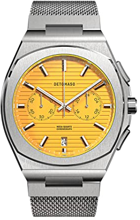 DeTomaso VOLTRE Chrono First Edition Giallo Gelb Herren-Armbanduhr Analog Quarz Mesh Milanese Silber