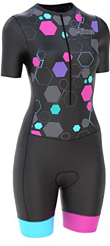 Radsport-Skinsuit für Damen, gepolstert, einteilig, Trisuit, Bike-Top, kurz, sublimiertes Design, Trägerhose, schwarz / pink, S