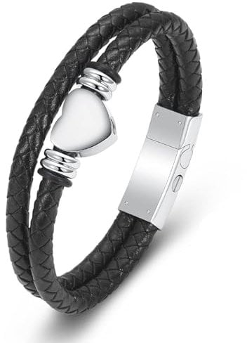 Minicremation Cremation Jewelry for Ashes Urn Bracelet Clasp Beads Cowhide Multi-Layer Braided Leather Urn Bracelet for Men Women (22cm, Silver)