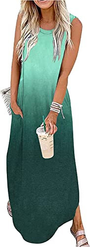 Cuptacc Kleider Damen Sommer Rundhals Ausschnitt Kirche Abendkleid Urlaub Kleid mit Taschen Dunkelgrün Verlauf,Groß L42-44