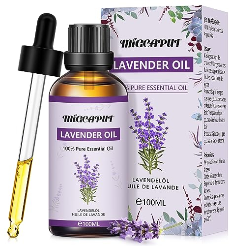 MIGCAPUT Aceite Esencial de Lavanda 100ML, 100% Puro Natural Aceites Esenciales de Aromaterapia de Grado Terapéutico para Cuidado de la Piel, Anti Acné, Dormir Mejor, Humidificador