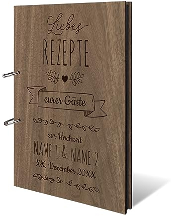 Personalisiertes Kochbuch echtes Holz DIN A4 Rezeptbuch zum selber Ausfüllen mit Lasergravur - mit 25 Blatt / 50 Seiten Fotokarton Schwarz