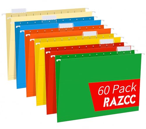 Hanging File Folders, RAZCC 60 Pack Reinforced Hanging Folders Letter Size, Designed for Bulky Files, Filing Cabinet, Adjustable Tabs, Assorted Colors