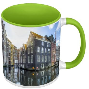 Tasse Farbe Premium Grün – Kanäle von Amsterdam Holland Niederlande – Tasse mit Henkel und farbigem Innenfutter