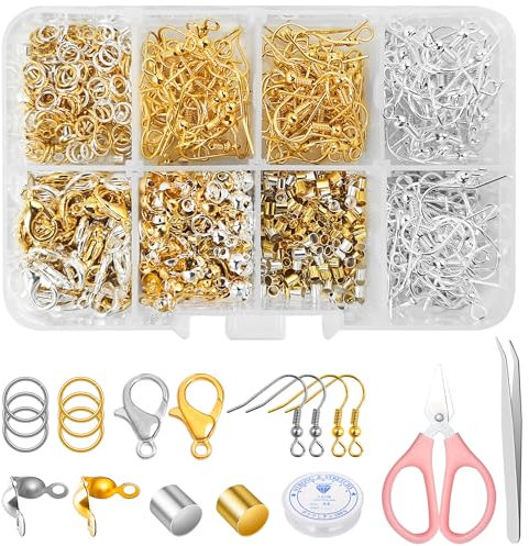Sheryl&Rain Schmuckherstellung Set mit Quetschperlen, Karabinerverschlüssen und Crimp Perlen - Ohrringhaken, Armbänder Selber Machen mit Pinzette, Kleine Schere und Elastischer Faden