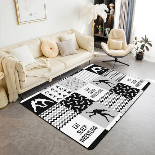 Tapis de lutte, 100 x 150 x 1 cm, noir, gris, blanc, à rayures, antidérapant, pour salon, joueurs sportifs, style sports extrêmes, tapis de chevet et canapé