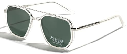 LIGOES TR90 Polarised Sunglasses Retro Square Flattop Sunglasses Double Bridge Full Frame UV400 Lens Glasses, Silver With Green