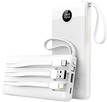 Batterie Externe 10000mAh avec 4 Câbles Intégrés, VEEKTOMX POWER BANK 5 Sorties et 4 Entrées Batterie Portable Puissante, Battery Pack de Voyage Chargeur Externe Compatible avec iPhone/Samsung/Android