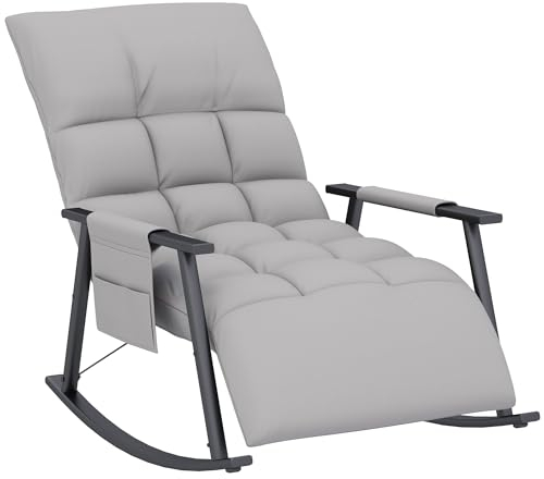 HOMCOM Schaukelstuhl Sessel Relaxsessel mit Fußstütze, Schaukelsessel mit Seitentasche, verstellbar Rückenlehne Schwingsessel für Wohnzimmer, bis 120 kg, Mikrofasertuch, Grau