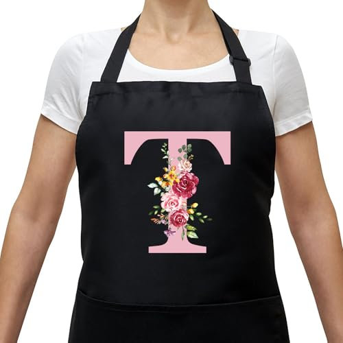 Personalisierte Initialen Schürzen Damen, Kochschürze Baumwolle Verstellbare Küchenschürze mit Taschen zum Kochen, Backen, Geschenk für Frauen Mama Oma Freundin zum Geburtstag Muttertag Weihnachten T