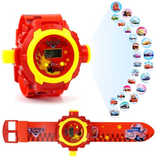 Kinderprojektionsuhr, Kinder Cartoon Uhr, 24 Verschiedene Bilder Projektor Uhr, Auto Rot Schwarz Elektronische Armbanduhr, Einstellbare Digitale Projektionsuhr, für Jungen Mädchen