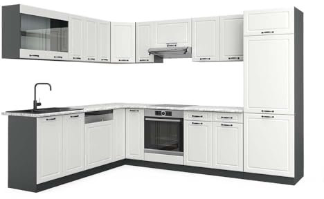 Vicco Eckküche R-Line, Weiß Landhaus/Anthrazit, 227 x 287 cm, AP Marmor