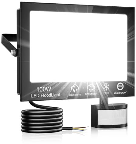 100W Pir Floodlight Outdoor, Motion Sensor Security Light, 6500K LED Floodlights with PIR Sensor, IP66 Waterproof Pir Lights Outdoor with Remote Control for Garden, Backyard, Garage, Doorways