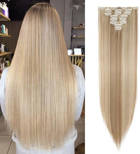 SEGOHAIR Clip In Extensions Haarverlängerung SET 8Pcs 18 Clips Voller Kopf Wie Echthaa Glatt - Synthetisches Haarteil Für Damen 26(66cm) Sandy Blonde Mischung Bleach Blonde