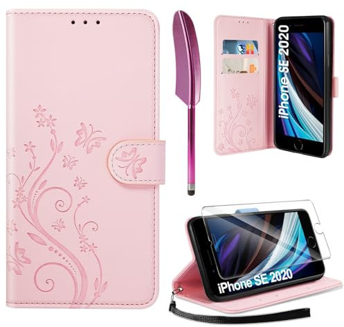 AROYI Lederhülle Kompatibel mit iPhone SE 2022/2020/7/8 Hülle und Schutzfolie,Wallet Handyhülle Leder Tasche Kartensteckplätzen Schutzhülle Kompatibel mit iPhone SE 2022/2020/7/8 5G/4G Rosa