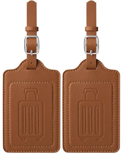 Teskyer 2 Stück Kofferanhänger, Kofferanhänger Flugreise, PU Leder, Zerklüftet, Schnelle Identifikation, Schutz der Privatsphäre, Gepäckanhänger, mit Adressschild, Braun