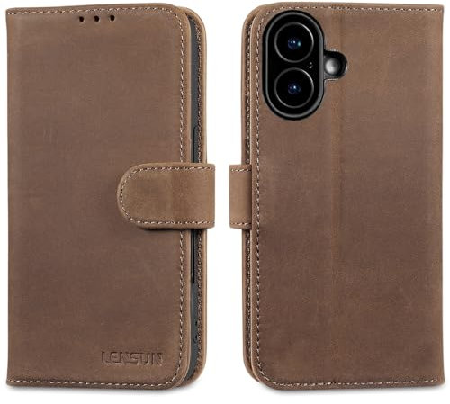 LENSUN Echtleder Hülle für iPhone 16, Handyhülle [Echtes Leder][Kartenfach][RFID-Blocker] Handytasche Flip Lederhülle Kompatibel mit iPhone 16 5G - Vintage Dunkelbraun
