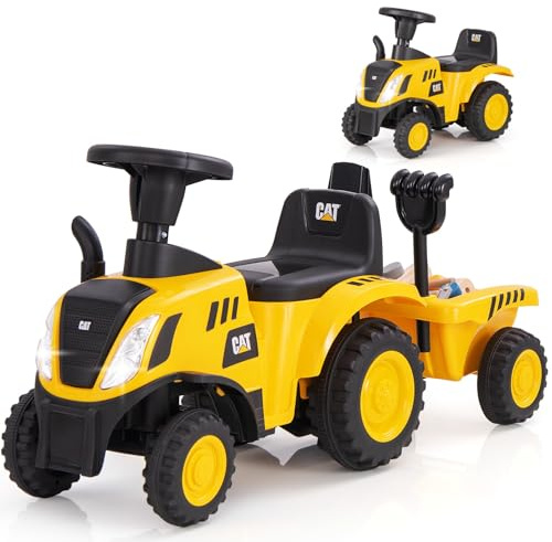 COSTWAY Kids Ride on Tractor with Detachable Trailer (Yellow, 92x29x44cm) | Horn, Rake & Shovel, Foot to Floor Sliding Toy for Toddlers