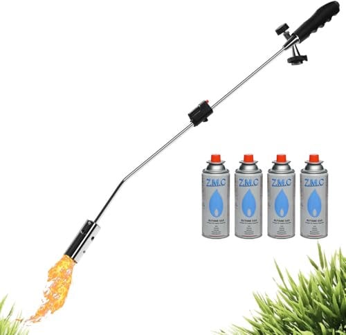 Z.M.C Unkrautbrenner 2,5 kW + 4x Gaskartuschen 227g, Unkrautvernichter mit Piezo-Zündung & stufenloser Flammenregelung, Abflammgerät bis 1400 °C für Garten, Gehweg, Grillanzünder, Moosentferner
