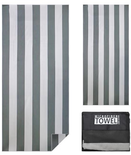 TMEOG Strandtuch Mikrofaser 180x80cm Badetuch Strand Badehandtuch Groß Sandfrei Schnelltrocknendes Strandhandtuch Dünn Strandlaken Leicht Beach Towel für Damen Herren(Grau Streifen)