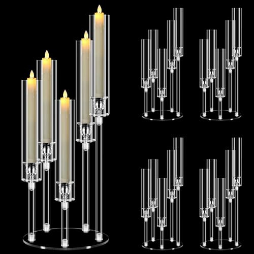 4 Sets 5 Arm Acrylic Candelabra Centerpieces, MSDADA 58 cm Tall Clear Candle Holder, Christmas Centerpieces for Tables, Candlesticks Holder for Wedding Fireplace Party Decor Fit 0.82'' LED Candle