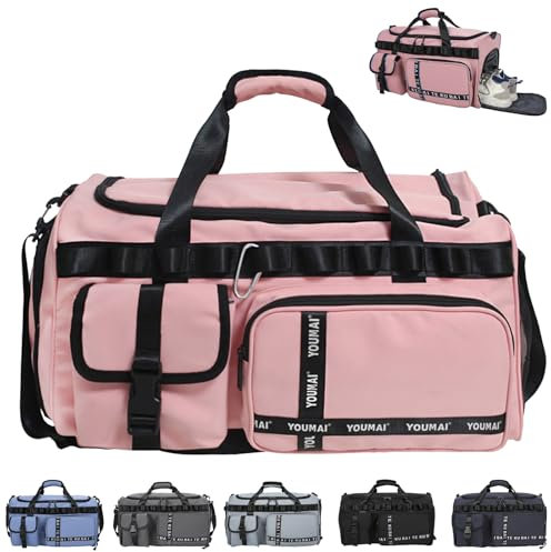 AUNGKWANG Reisetasche Damen Herren, 65L Wasserabweisende Sporttasche, Large Capacity Reise Tasche Gym Bag, mit Schuhfach und Nassfach, für Reisen, Fitness, Sport, Rosa